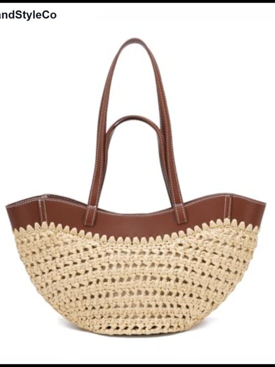 Handbags - Straw Tote Bag Woven Beach Bag with Leather Trim Double Straps Handmade Mesh